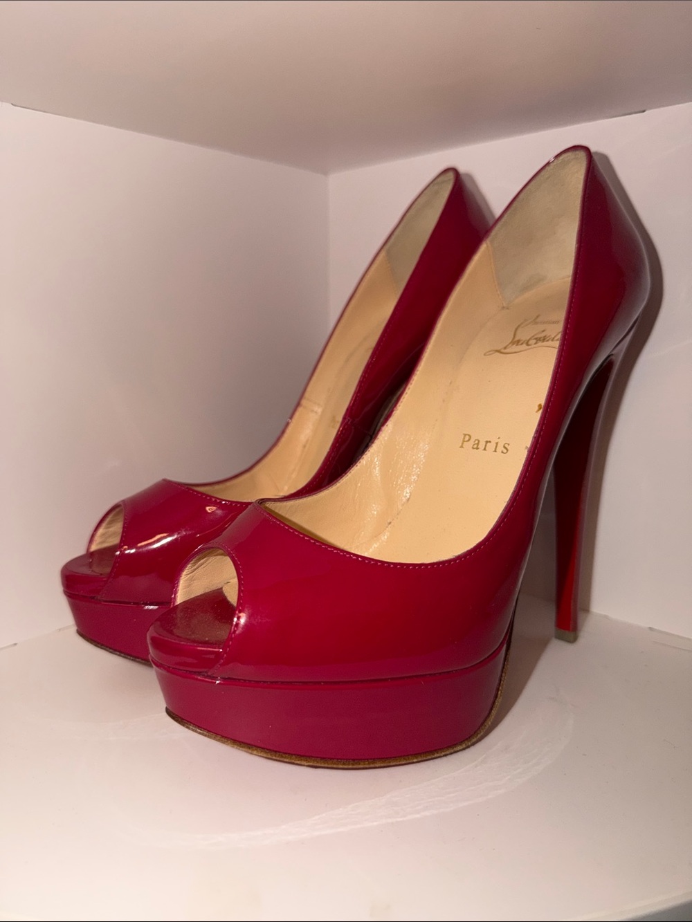 Christian Louboutin Fuchsia Patent Peep-Toe Platform Pumps